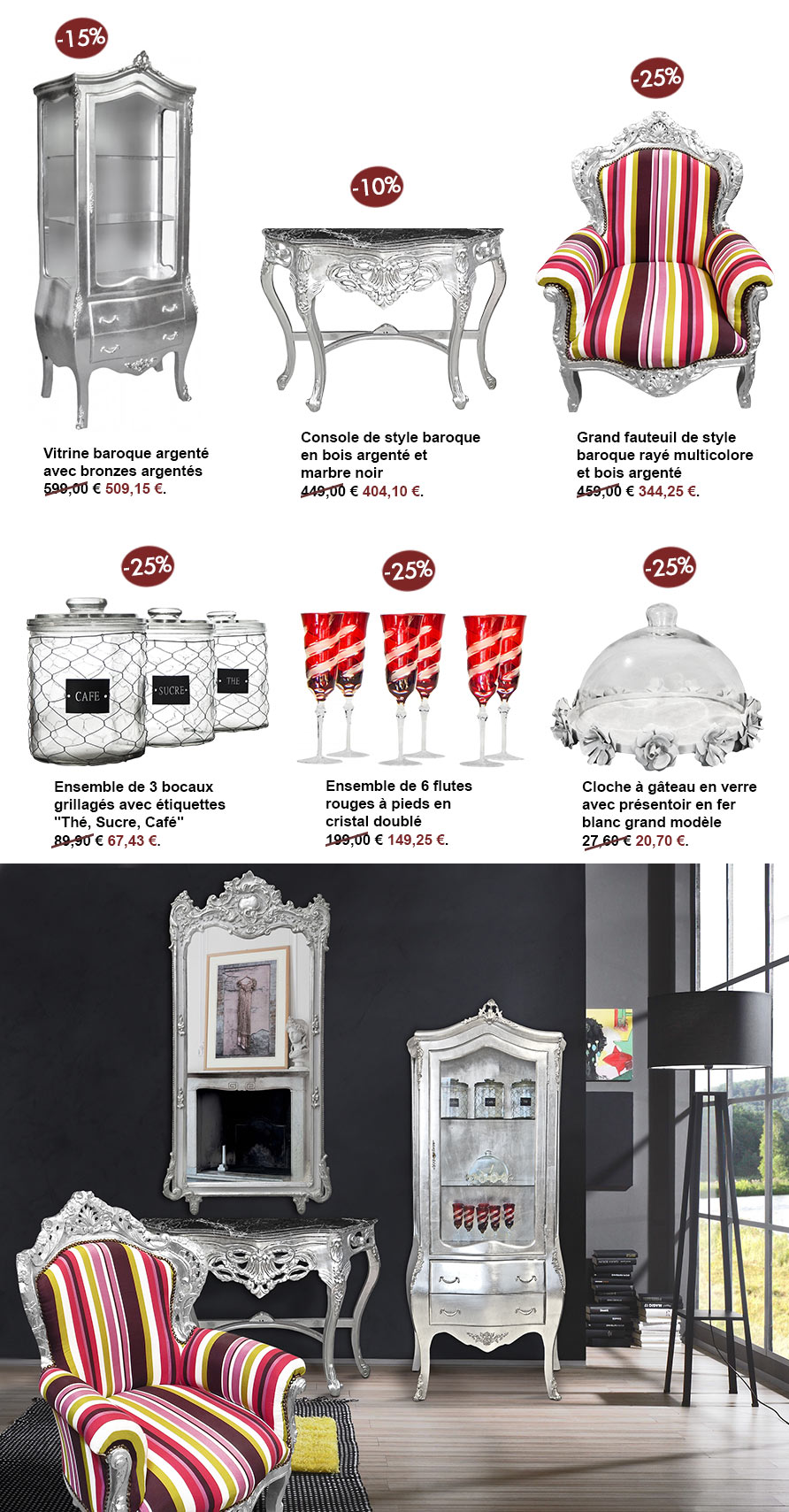petits prix sur le mobilier et les miroirs baroques